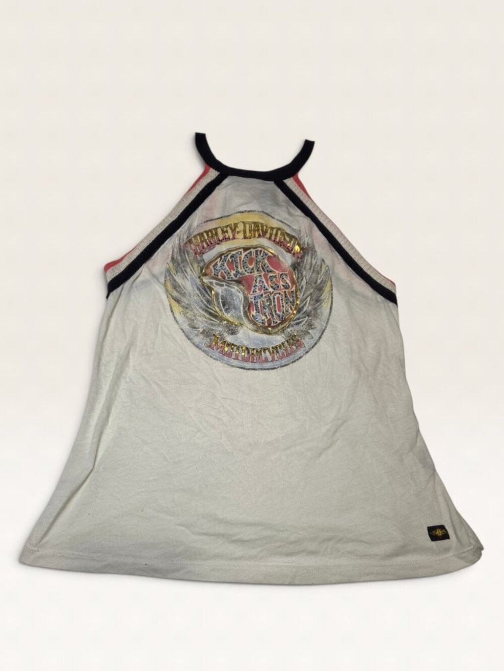 Vintage Harley Davidson Kick Ass Iron Rhinestone Halter Tank Top Womens L USA